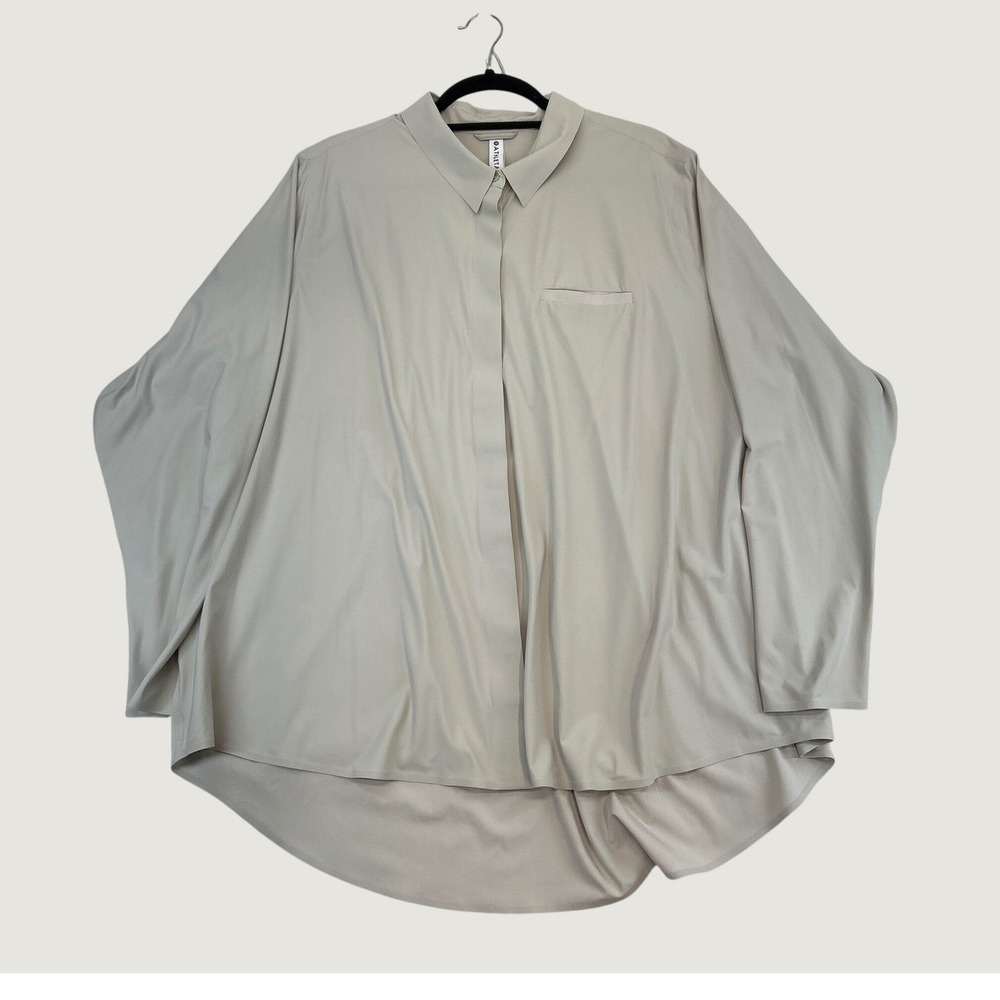 Athleta Shirt Womens 2X Plus Beige Long Sleeve Button‎ Down Stretch Relaxed Fit